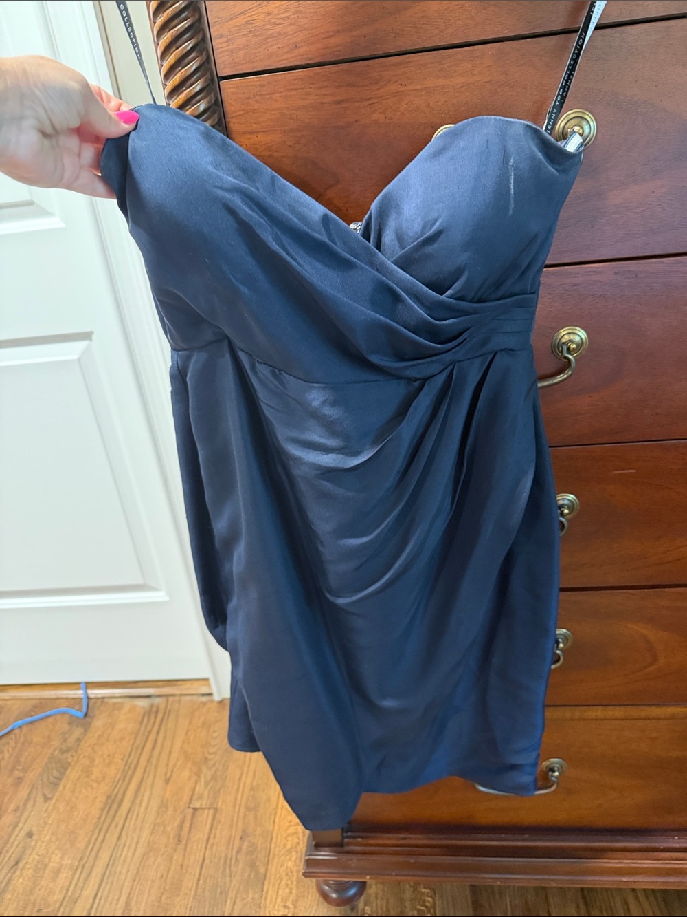 Jenny Yoo Strapless Navy Dress with Draped Bodice